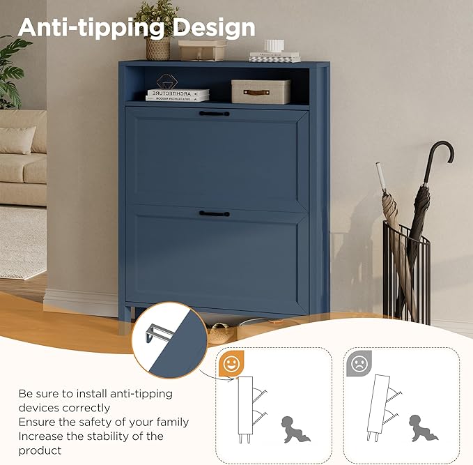 LOUVIXA Shoe Cabinet with 2 Flip Drawers, Narrow Shoe Storage Cabinet, Freestanding Shoe Cabinet Organizer, Hidden Shoe Rack Cabinet for Entryway, Hallway (2-Drawers, Blue)