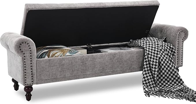 SOFTHION Storage Bench for Bedroom, 67" End of Bed Bench King Size, Upholstered Chenille Storage Ottoman with Tufted Cushioned Rolled Arm Large Storage Space for Living Room Entryway, Light Grey