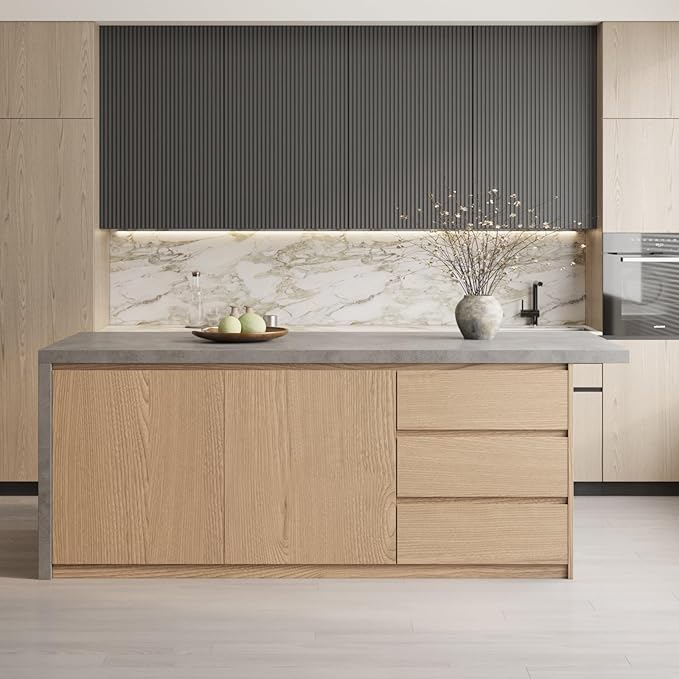 homary Kitchen Island with Storage & Wine Rack, 72" Modern Gray Kitchen Cabinet with Wood Top, Large Fixed Island with 3 Drawers & 6 Adjustable Shelves, Without Bar Stools
