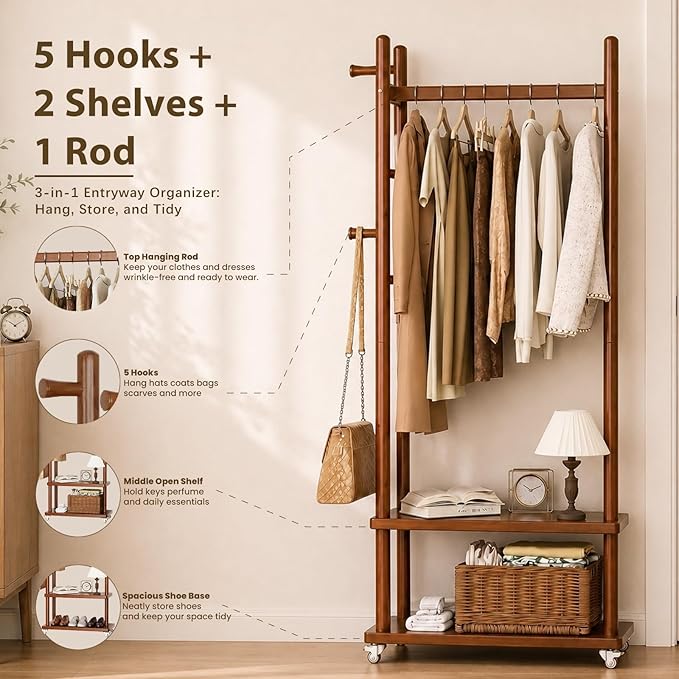 Taitiy Coat Rack Freestanding Clothing Rack with Wheels, Coat Tree Freestanding Heavy Duty with 2 Storage Shelves and 5 Hooks, Wood Garment Rack for Corner Bedroom Hallway Entryway Living Room Hotel