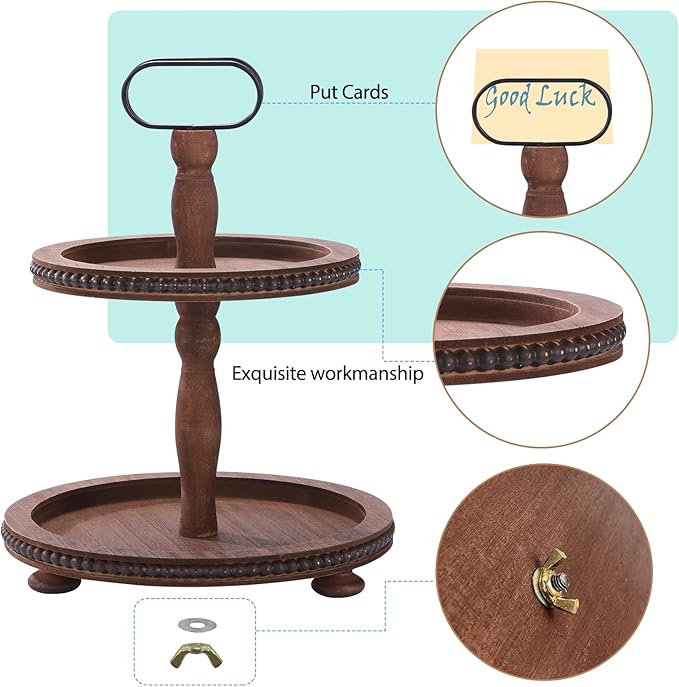 Urban Deco Wooden Decorative Tray Two Tiered Tray Decorations Round Serving Tray with Metal Handle, Wooden Cupcake Stand for Party Tiered Dessert Stand - Dark Brown Farmhouse Wood Tray