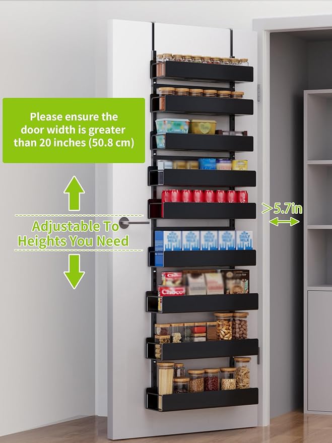 Large Over the Door Pantry Organizer - 9-Tier Hanging Spice Rack with Metal Shelving for Kitchen Pantry Organization and Storage, Black