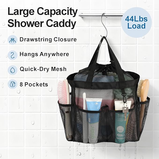F-color Mesh Shower Caddy Portable with Drawstring, S Hook - 8 Deeper Pockets 2 Handles College Dorm Room Essentials for Girls Guys, Shower Bag Hanging for Camping Gym Travel Toiletry Bathroom, Black