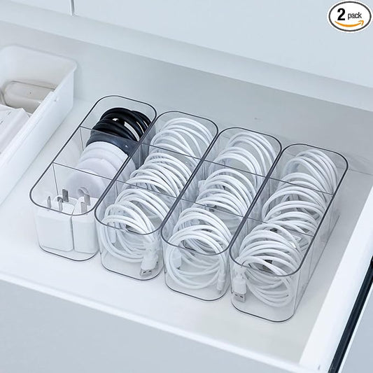 4 Pack Cord Organizer Box for Desk Drawer, Plastic Cable Storage Case with Wire Ties, Clear Home Office Supplies Container for Phone Charger, Art Crafts and bathroom Accessories