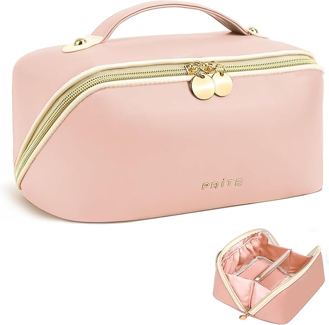 Prite Makeup Bag for Women Travel Waterproof Vegan Leather Cosmetic Bag Open Flat Toiletry Bag With Clear Divider and Handle (Pink, Large)