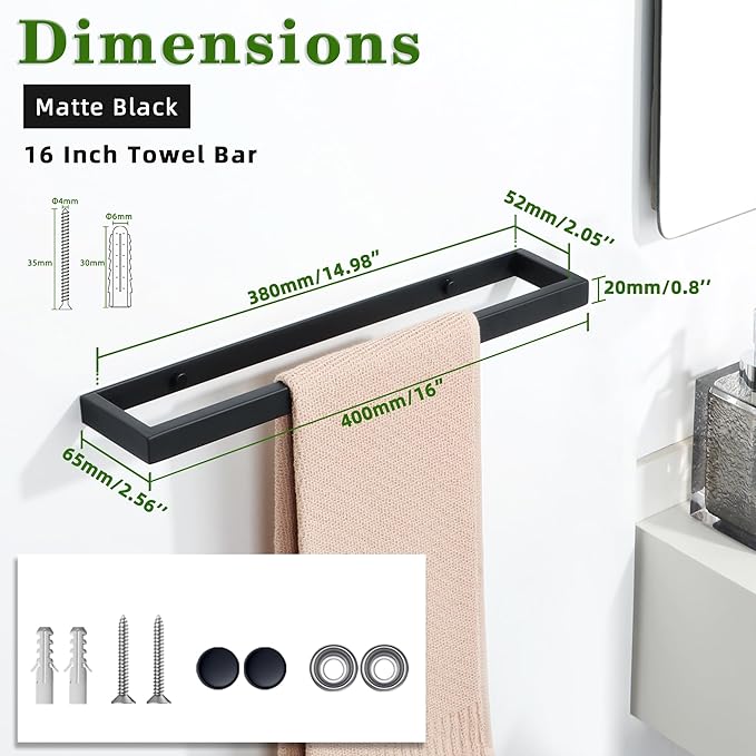 Alise 16 Inch Towel Bar for Bathroom Wall Mounted,Hand Towel Holder Towel Racks for Bathroom and Lavatory,SUS304 Stainless Steel Bath Towel Hanger Towel Rail Matte Black