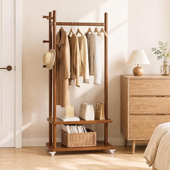 Taitiy Coat Rack Freestanding Clothing Rack with Wheels, Coat Tree Freestanding Heavy Duty with 2 Storage Shelves and 5 Hooks, Wood Garment Rack for Corner Bedroom Hallway Entryway Living Room Hotel