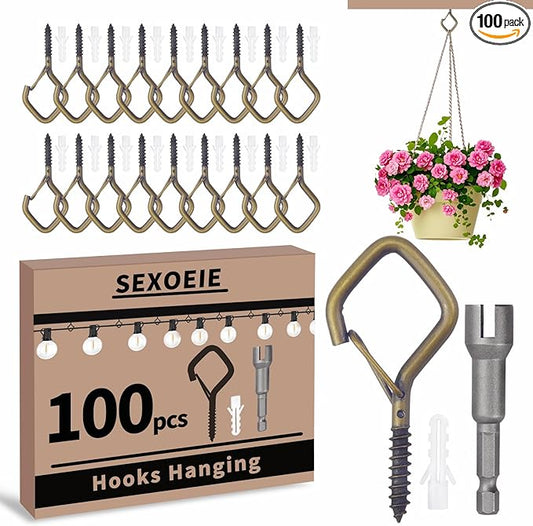 100 PCS Bronze Eye Screw Hooks for Hanging Heavy Duty with Safety Buckle.Metal Ceiling Hooks for Hanging Plants Cup Wind Chime Bird Feeders Patio Lights At Indoor&Outdoor