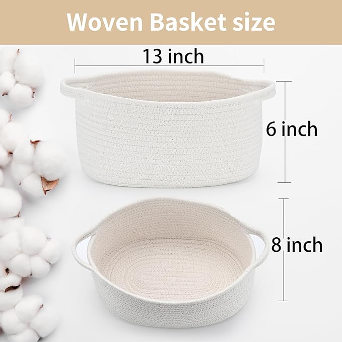 Happyiren Medium Woven Cotton Rope Basket with Handle Empty Decorative Gift Basket for Baby Shower, Graduation, Father's Day, Nursery Storage 13" Dia x 8" W x 6" H