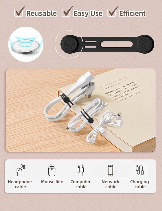 Kanemc Magnetic Ties For Cords, Cord Wrap Silicone Zip Ties Twist Ties Magnet Strap For Charging Cords Date Cable Earphone Video Game USB (8-Pack, Black And White)