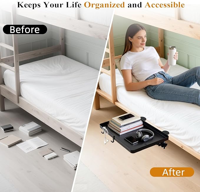 Bedside Bunk Bed Shelf for College Dorm Essentials, Bedside Caddy with Cable Catch & Bedside Organizer, Floating Nightstand for Bed Room, Office, Dorm Room, Metal Beside Tray, Bed Table, Black
