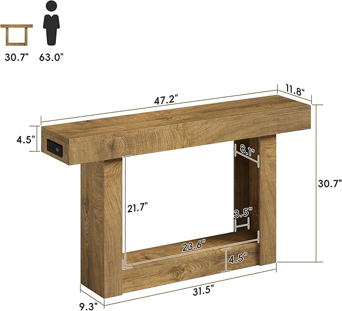 LIFECHOVY 47.2" Farmhouse Wood Entryway Table with Outlet, 2-Tier Console Table with Sensor Light Behind the Couch Sofa, Entrance Side Table for Hallway/Living Room/Foyer, Natural Oak