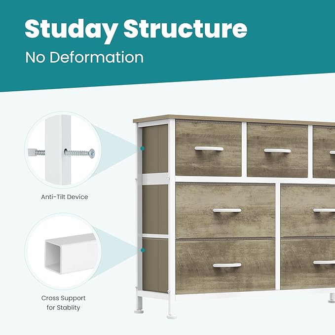 OLIXIS 7 Drawers Dresser for Bedroom, Fabric Storage Tower for Living Room, Entryway - Sturdy Steel Frame, Wooden Top and Easy Pull Fabric Bins, Closet Chests Organizer for Clothes,Oak Greige