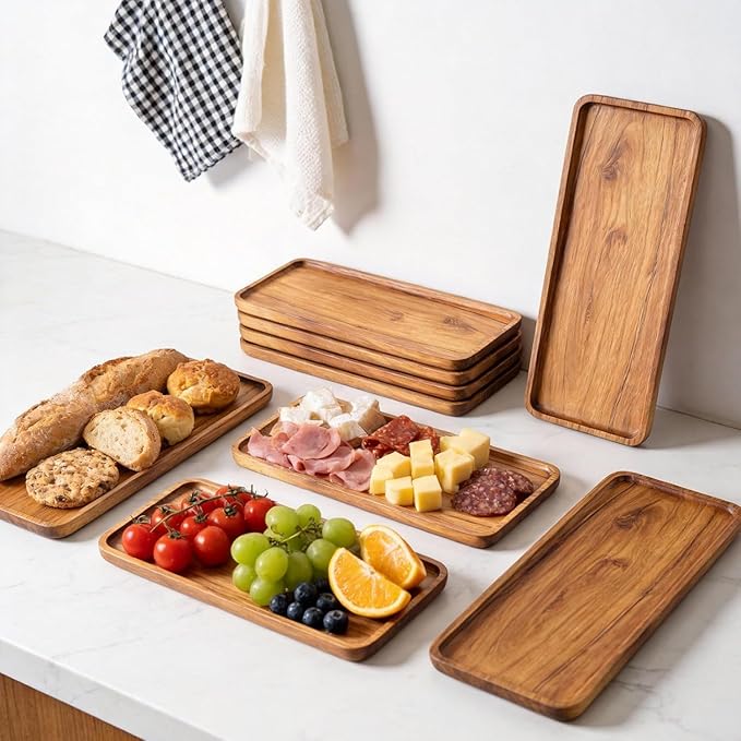 Handcrafted Acacia Wood Serving Tray 4 Pack– Multi-Functional Decorative & Candle Tray, Smooth Polished Surface with Raised Edges，Cheese Board for Food，Kitchen Organization,or Gift-11.4*4.1*0.59 in