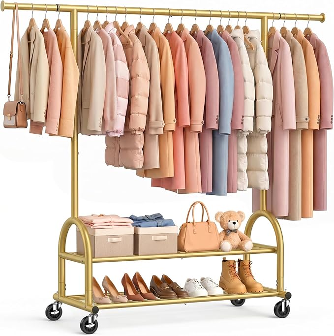 EAGMAK Heavy Duty Clothes Rack for Hanging Clothes Load 556 LBS, Height Adjustable Rolling Clothing Racks, Portable Metal Coat Rack Garment Wardrobe with Wheels and Shelves for Bedroom Laundry, Gold
