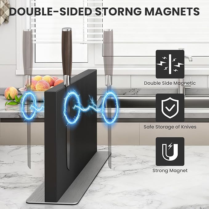 THMINS Large Black Magnetic Knife Block Stainless Steel Double-Sided Magnetic Knife Holder, Universal Multi-function Display Rack for Kitchen Counter