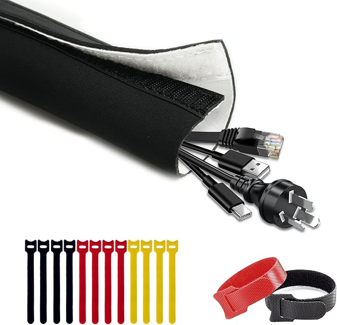 Cable Management Sleeve 3.3ft (40 inch) - 1.5 inch, Hook-and-Loop Cuttable Neoprene Cord Organizer, Split Wire Reversible Cord Protector for TV USB PC Ethernet Cable Hider Protect Pets Kids