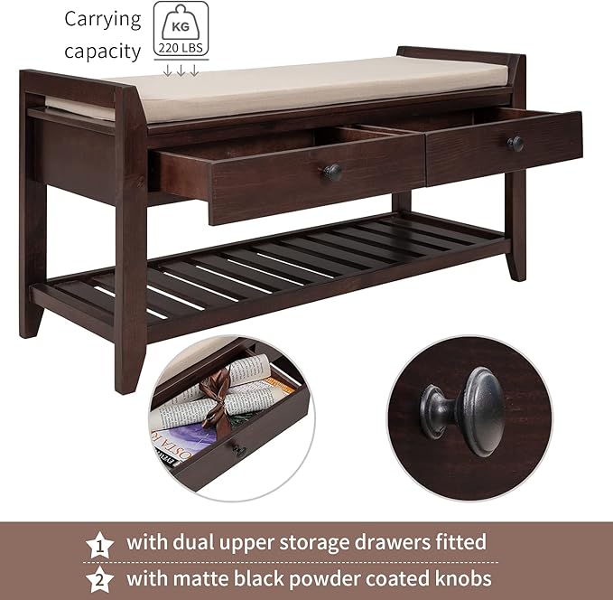 LUMISOL Storage Bench, Shoe Rack with Upholstered Seat and 2 Drawers, Solid Wood Entryway Storage Bench with Shoe Rack for Entryway, Living Room, Bedroom, Espresso