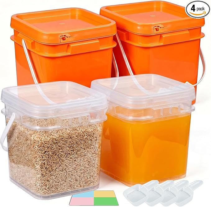 DEMORA 1.3Gallon Food Grade Square Plastic Bucket with Lid, Clear Airtight Storage Container, Reusable Pail for Kitchen Food Water Ice Cream Household Use 4Pcs (2 Orange+2 Transparent)
