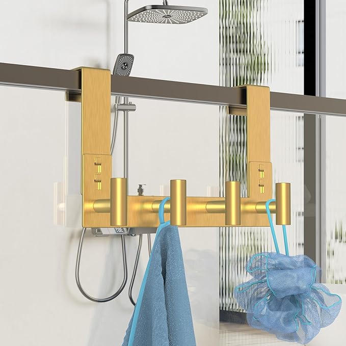 PMMASTO Over The Door Hooks, Fits 1-3/4" Thick Door No Drill Hooks for Closet Bathroom Bedroom Organization, Hanger for Coat Towel Robe (Gold, 4 T-Hooks)