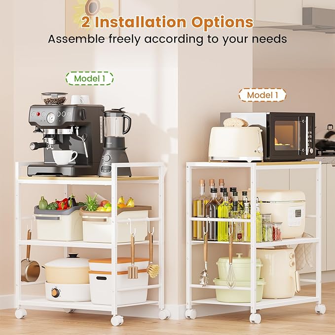 Rolling Kitchen Microwave Cart, 3-Tier Microwave Stand with Adjustable Shelf, Kitchen Storage Cart on Lockable Wheels, Coffee Bar Cart Shelf Rack Organizer for Kitchen, Living Room, Office, Balcony