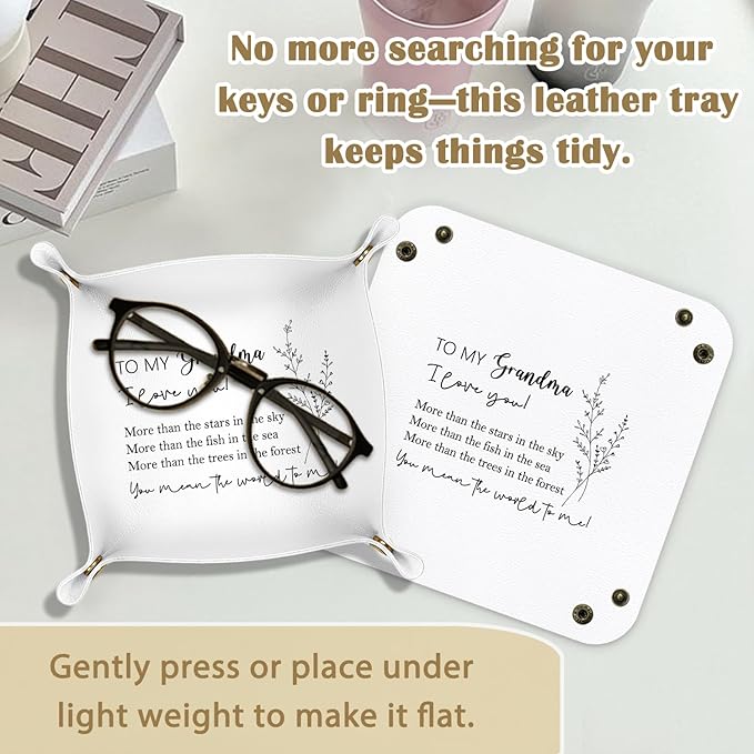 Mother s Day Gifts for Mom,Grandma Gifts Leather Jewelry Valet Tray,Best Grandma Gift from Grandkids PU Leather Catchall Beside Caddy Nightstand Organizer Tray for Jewelry Rings Watches Keys