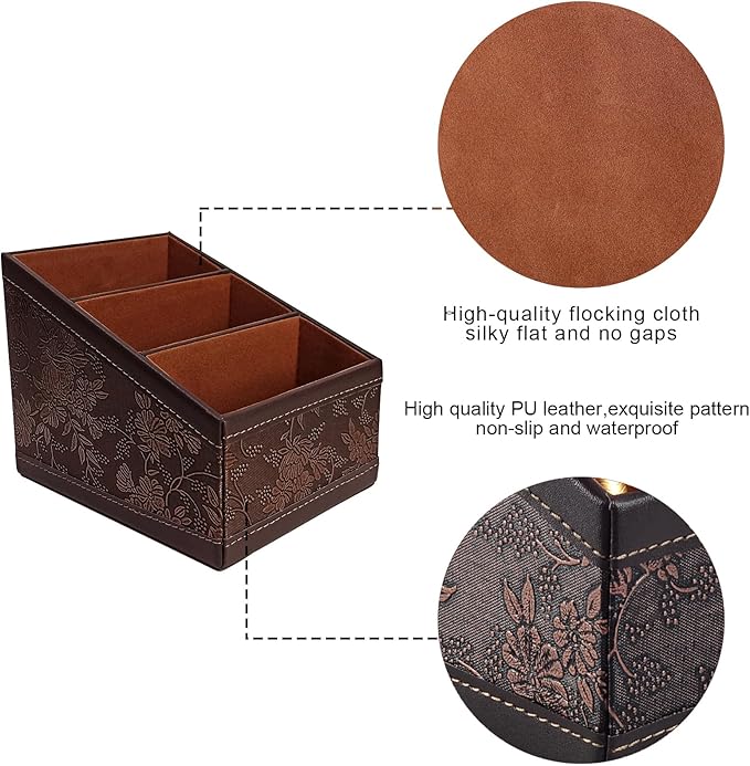 PU Leather TV Remote Control Holder with 3 Compartments,Nightstand Caddy Organizer,Storage Rack,Storage Box,Media Accessory Storage,Desk Organizers (Brown (Retro))