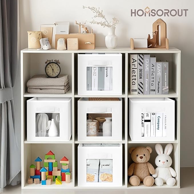 Homsorout Storage Cube 11 Inch - Cube Storage Bins with Window, Closet Storage Baskets with Handle, Fabric Bins for Closet, Shelves, Toys, Clothes, Set of 16, White