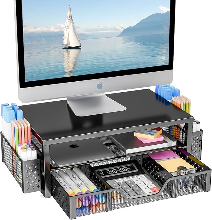 Simple Trending Desk Organizer and Accessories, 2-Tier Computer Monitor Stand Riser with Drawer and Pen Holders – Metal Latop Stand for Home Office, Black