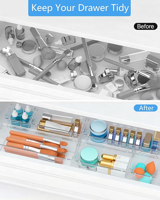 60 Pcs Makeup Drawer Organizer Set, 4 Sizes Versatile Bathroom and Vanity Drawer Organizer for Makeup, Non-Slip Desk Organizer Trays for Bedroom, Office, Fits Jewelry and Office Supplies