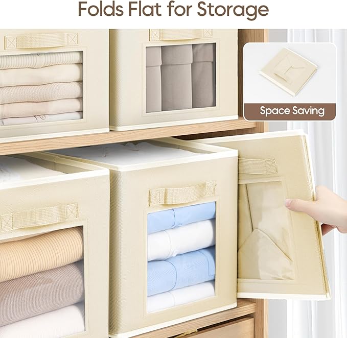 Homsorout Foldable Storage Cubes - Cubby Storage Organizer with Window, Decorative Baskets for Organizing, 11 Inch Fabric Cube Shelf Bins, Set of 10, Beige