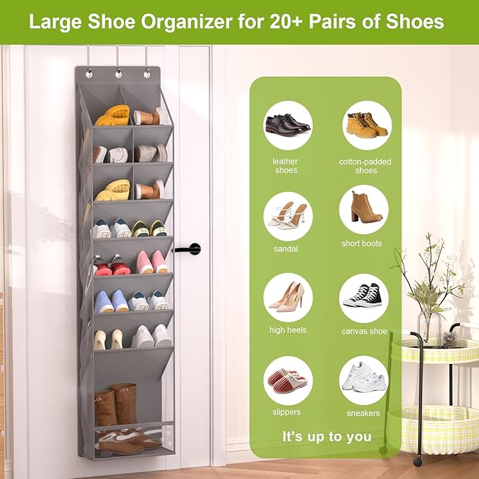 Door Shoe Organizer, Over The Door Hanging Shoe Rack with Large Pockets, Space Saving Shoe Storage for Closet, Entryway, Bedroom, Shoe Holder for Men Women Kids (Grey)