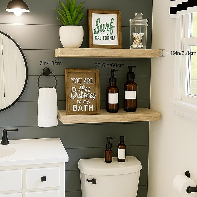 Oak Floating Shelves for Bathroom & Living Room Decor, 24 Inch Rustic Wood Wall Mounted Shelves for Plants, Books, Towels & Storage Display, Set of 2