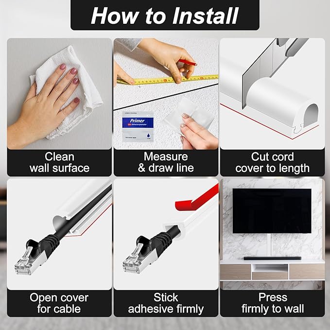 Wall Cord Hider, Flexible Self-Adhesive Wire Cover, Side-Open Cable Raceway for Cords on Wall, Cord Concealer for Mounted TV, Home Theater & Office White