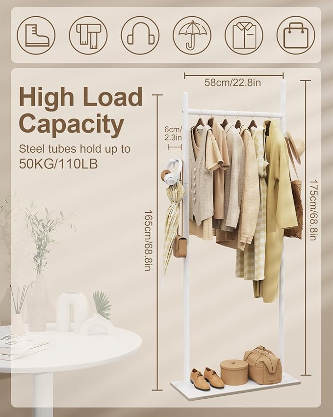 Large Metal Coat Rack Freestanding, Modern Coat Hanger Stand with 2 Hooks and Heavy Rock Slab Base, Industrial Clothing Rack, 25.6 x 11.8 x 68.9 In, White, GYJ202LW