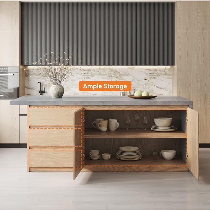 homary Kitchen Island with Storage & Wine Rack, 72" Modern Gray Kitchen Cabinet with Wood Top, Large Fixed Island with 3 Drawers & 6 Adjustable Shelves, Without Bar Stools