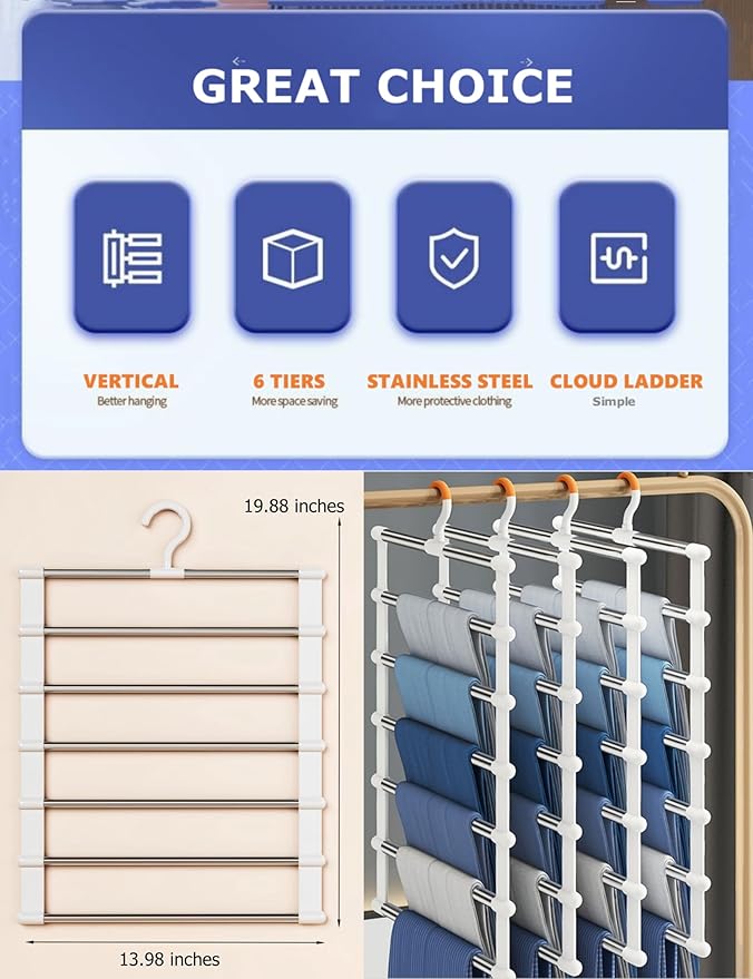 SEVEN LUCKY LIGHT 6 Tier Vertical Pants Hangers Space Saving Set of 2, Cloud Ladder Design Holds 12+ Pants, Leggings Organizers for Apartment & Small Wardrobe Storage, Dorm Room Essentials