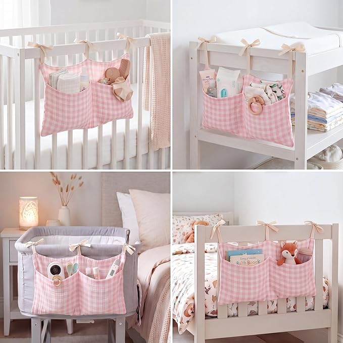 Gingham Crib Organizer Hanging Cotton Baby Bedside Hanging Storage Bag Storage Crib Organizer Baby Nappy(Pink)