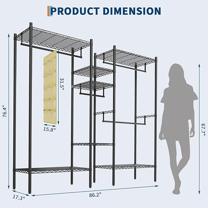 IDEALHOUSE Heavy Duty Clothes Rack for Hanging Clothes, Load 1000LBS Portable Closet Wardrobe with Shelves, Freestanding Adjustable Garment Rack for Bedroom, Walk-in Closet, 86.2"x 17.3"x 76.4", Black