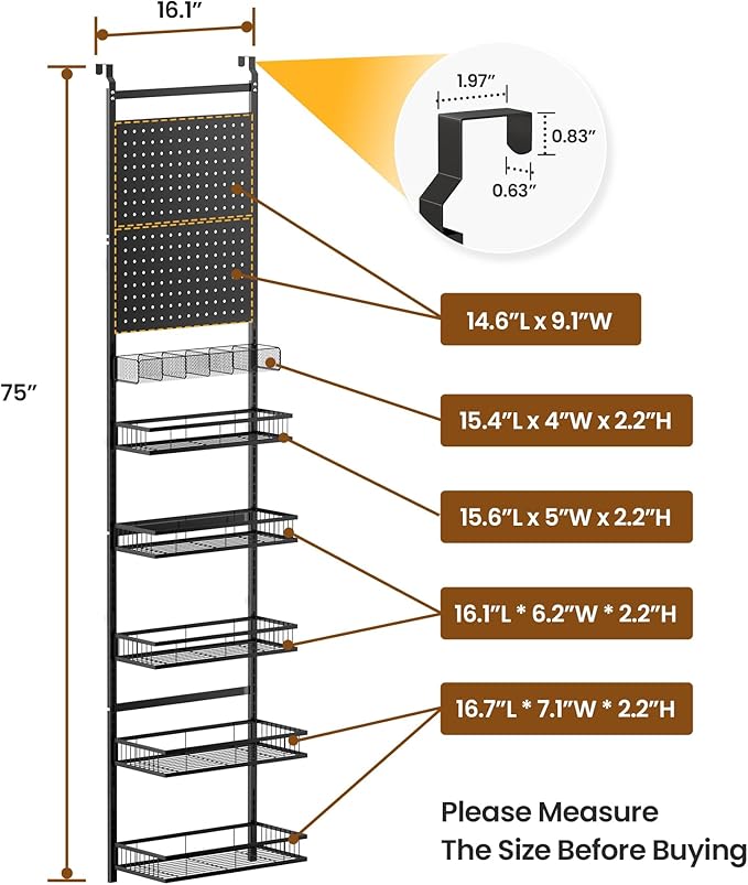mustry Over The Door Organizer, Door Organizer Hanging with 2 PegBoards and 6 Adjustable Baskets, Back of Door Storage for Pantry, Bathroom, Laundry Room, Metal