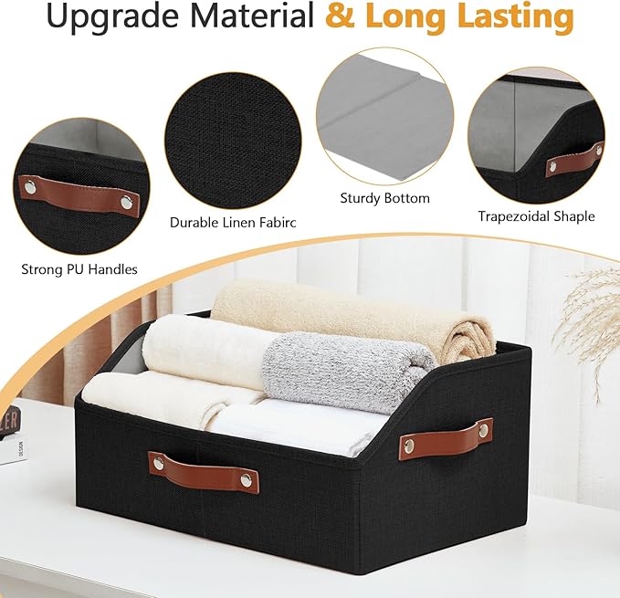 Bagnizer Closet Organizers and Storage, Linen Trapezoid Storage Bins with Handles, Collapsible Shelf Organizer for Blanket, Towel, Clothes, Hats, Purse (Black)