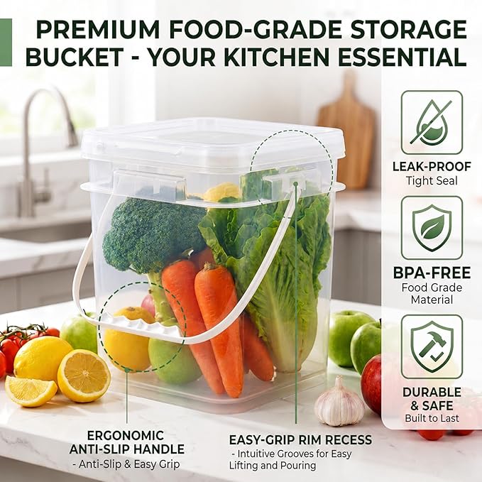 DEMORA 1.3Gallon Food Grade Square Plastic Bucket with Lid, Clear Airtight Storage Container, Reusable Pail for Kitchen Food Water Ice Cream Household Use 4Pcs (2 Orange+2 Transparent)