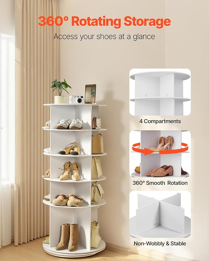 VEVOR 5 Tiers Rotating Shoe Rack Tower, 360° Spinning Shoe Rack, Revolving Storage Round Carousel Display, Freestanding Lazy Susan Organizer Display for Bedroom, Living Room, Entryway, Closet, White