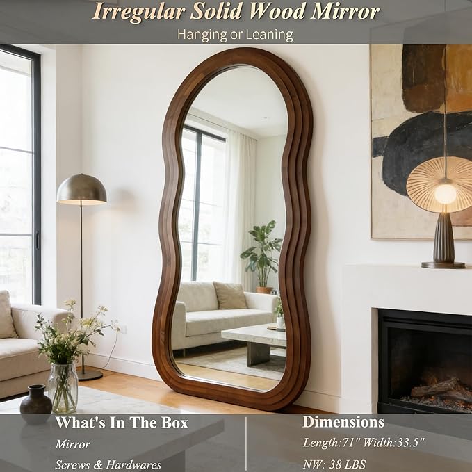 Wavy Full Length Mirror, 71"x33.5" Oversized Organic Floor Mirrors with Triple-Layer Solid Wood Frame, Irregular Full Body Mirror for Living Room Entryway Hallway Cloakroom, Leaning/Hanging