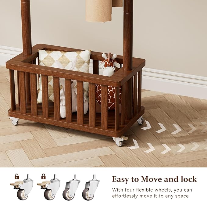 Taitiy Solid Wood Coat Rack Clothes Rack, Coat Rack Freestanding with Storage Basket and 5 Hooks, Heavy Duty Coat Tree for Entryway, Living room, Coat Hanger Stand for Hats, Bags Clothes