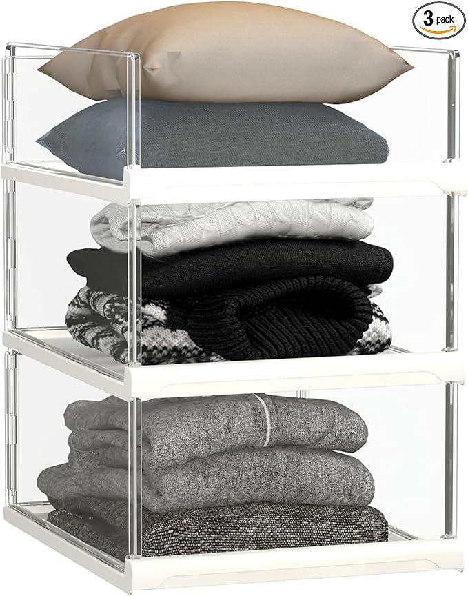 Covetree 3 Pack Stackable Closet Organizers and Storage Shelves - Transparent Sweater Organizer for Closet, Bathroom, Kitchen, Cupboard, Laundry Room, and Office