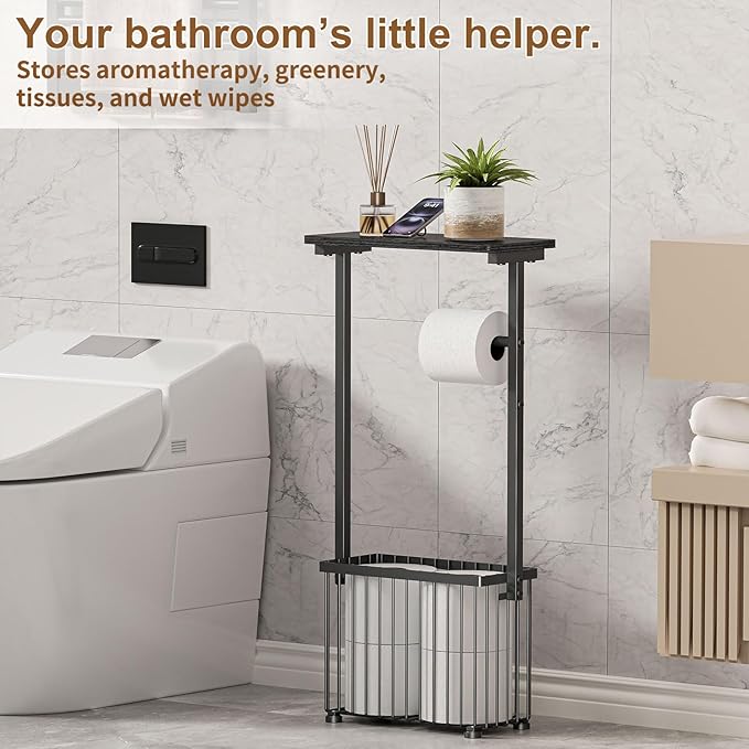 Free Standing Toilet Paper Holder with Storage Shelf – Bathroom Tissue Stand with Space for Phone, Wet Wipes and Magazines – All-in-One Toilet Roll Dispenser and Organizer Holds 4-6 Rolls