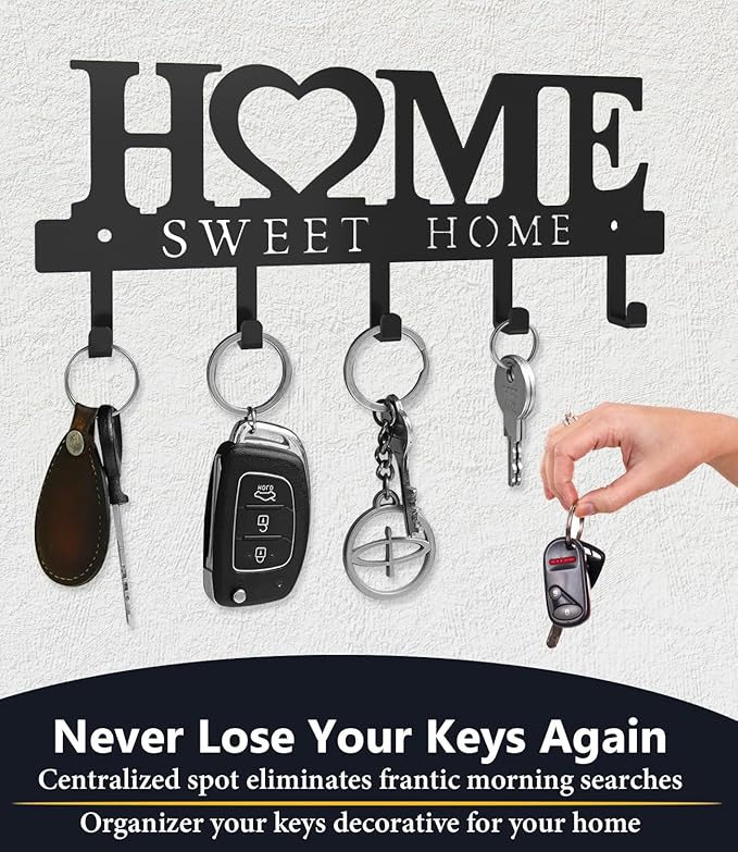 Key Holder Hooks Organizer Hanger Rack Wall Mounted Sweet Home Metal Decor Stylish and Practical for Entryway Front Door Kitchen Hallway Garage Mudroom Office Hardward Included Black (Sweet-two)