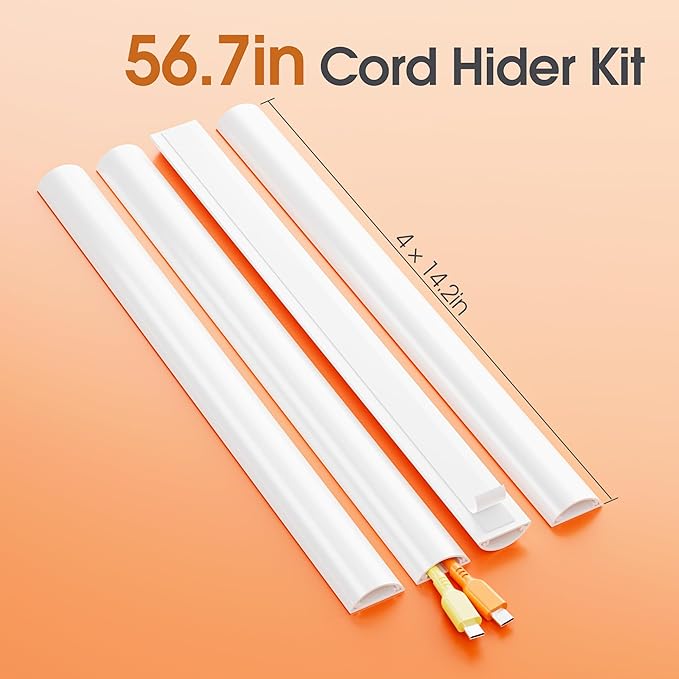 TV Cord Hider Wall, 56.7in Cord Covers for 1-2 Wires on Wall, Self-Adhesive Cable Hider Wire Covers for Cords on Wall, Paintable TV Wire Hider, Curved Decorative Cable Raceway, W1.18 H0.43in, White