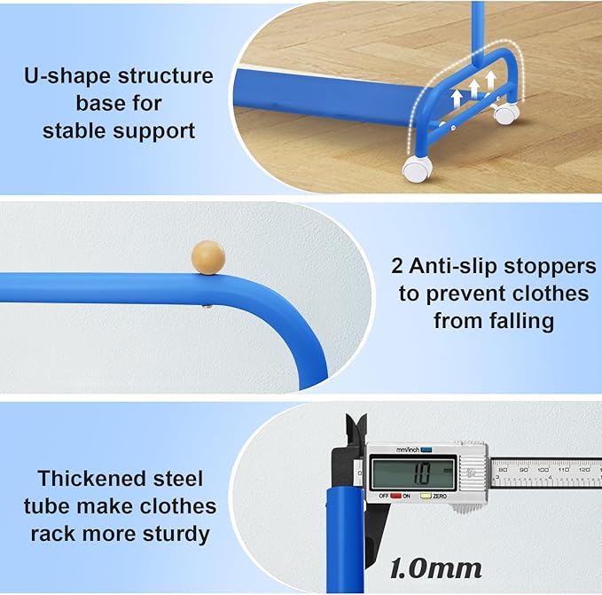 YGJT Kids Clothing Rack, Baby Clothes Rack for Hanging Clothes with Wheels and Bottom Storage Shelf, Small Toddler Garment Rack Kids Dress Up Storage Rack for Coats, Skirts, Dance Costume(Blue)